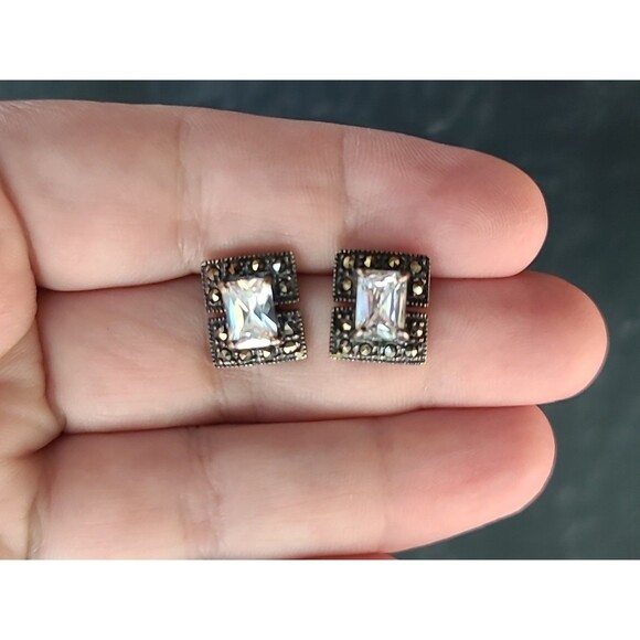 925 Sterling Silver CZ Marcasite Rectangular Post Earrings Vintage - Picture 1 of 11